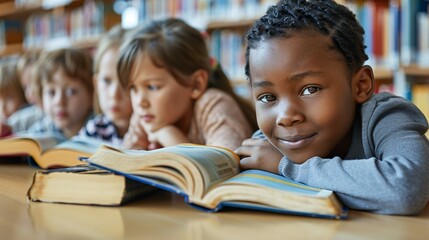 A diverse group of children reading books in a library, emphasizing the importance of literacy worldwide