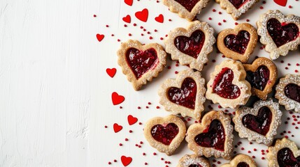 Heart shaped linzer cookies with raspberry jam on white background Valentines love and romance concept