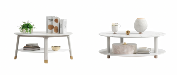 Two white coffee tables with different shapes and sizes