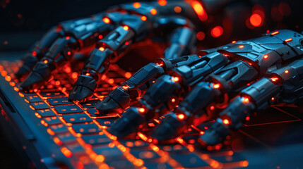 Close-up of robot hand typing with red lights