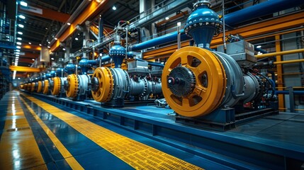 Obraz premium A series of high-pressure pipelines with valves in a modern industrial setting, showcasing advanced engineering and manufacturing