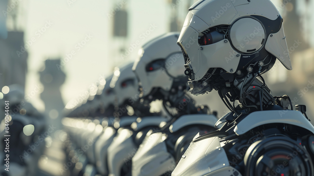 Poster a group of robots are lined up in a row. the robots are all white and have blue eyes