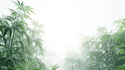 Thickets of marijuana plants illuminated in bright light on a plain white backdrop