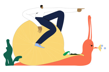 Slow growth, inefficient or stupid mistake, businessman riding slow snail never reach goal, losing business competition. © Daryna