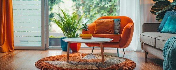 A cozy living room with a bright orange armchair, a coffee table, and a rug.