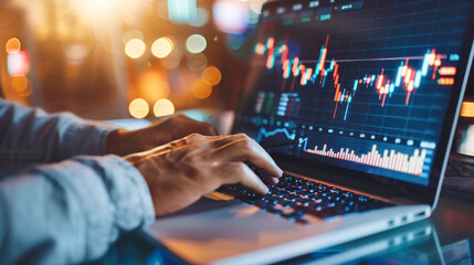 Trader analyzing candlestick chart on a laptop