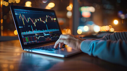 Nighttime trading on a laptop with graphs