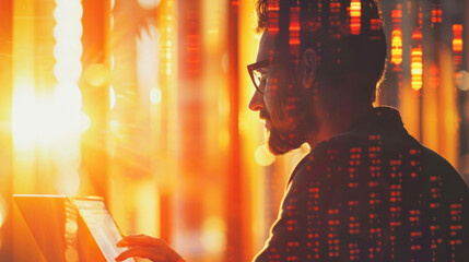 Silhouette of a man analyzing data