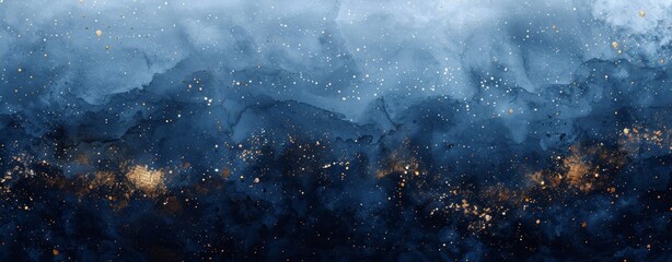 starry night sky, with deep indigo and black watercolor washes, dotted with fine specks of white and gold to represent distant stars