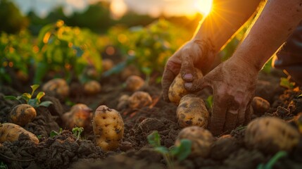 Farmer harvesting potatoes in a field at sunset