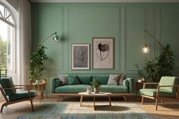 Modern living room with green sofa and abstract painting
