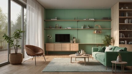 Modern living room with green sofa and abstract painting