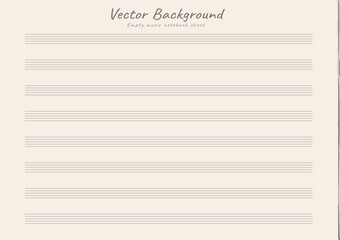 Empty horizontal music page. Music notebook sheet in a ruler for recording notes. Five-line staff without key. Vector. Music notation elements for design.