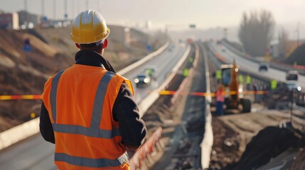 A road construction engineer meticulously inspects the ongoing expressway construction work, ensuring adherence to safety standards and project specifications for a timely and successful completion.
