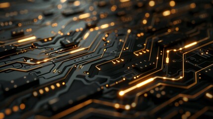 Contemporary setting highlighted by black circuit boards accented with shimmering golden lines, offering a sleek and high-contrast backdrop.