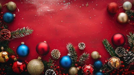 Colorful Christmas decorations on a festive red backdrop