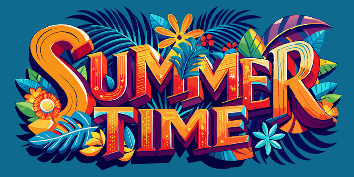 Vibrant "Summer Time" lettering with tropical flowers and leaves in bold colors, set against a blue background, evoking a lively and festive summer atmosphere