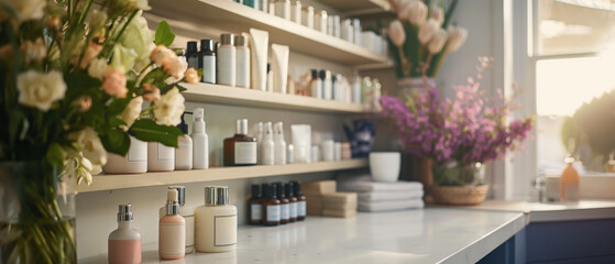 Elegant display of skincare and cosmetic products in a modern beauty shop. Assortment of lotions, creams, and containers on well-organized shelves with floral decorations.