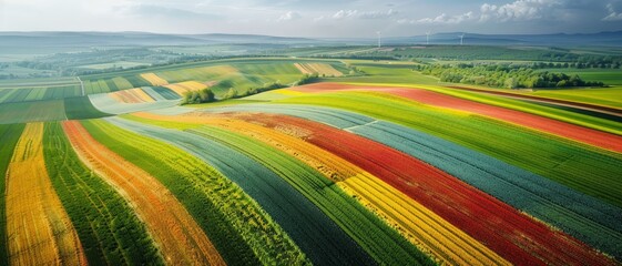 Aerial view of colorful fields and green hills.