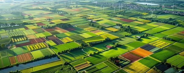 Aerial view of patchwork farmland with different crops.