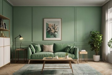 Modern living room with green sofa and abstract painting