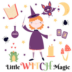 a collection of cute children's magic elements with a funny little witch