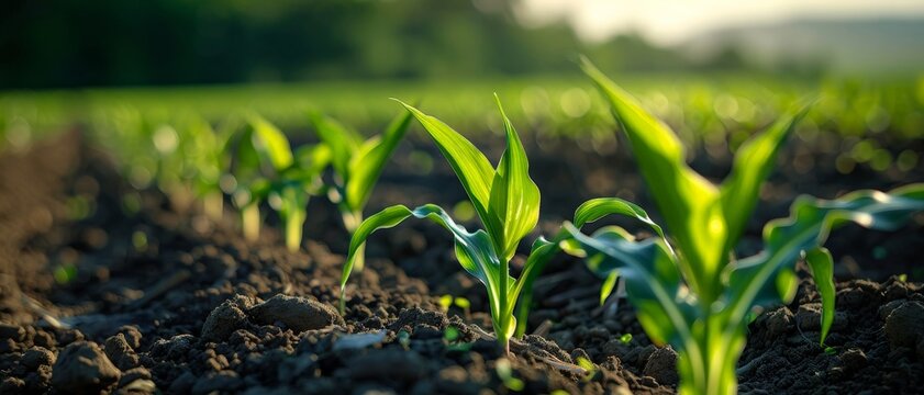 Close-up of vibrant green corn seedlings emerging from rich soil.