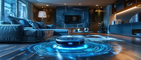 Futuristic robot vacuum cleaning a modern living room.