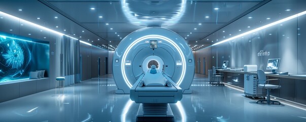 Futuristic medical room with a large scanner and a patient's chair.