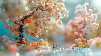 Fototapeta premium Enchanting 3D Miniature Landscape with Spring Glass Flowers and Transparent Trees, People Walking on Road, Dreamy Fantasy Realism in Soft Sculpture with Wide-Angle Lens and Depth of Field