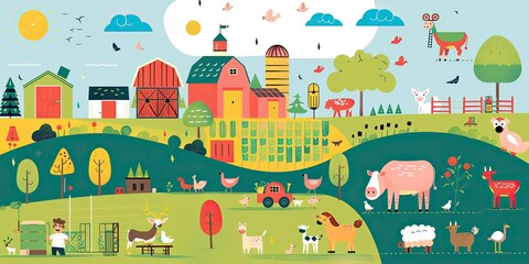 Fototapeta premium Minimal Farm Scene in Flat Graphic Style