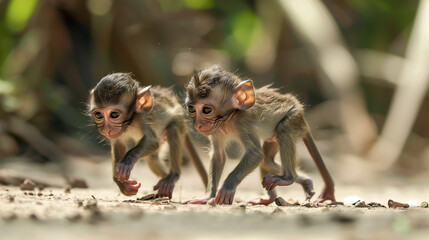 Obraz premium Two baby penguins walking on the beach. One is black and white and the other is white