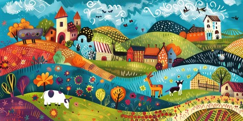 Minimal Farm Scene in Flat Graphic Style