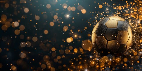 Fototapeta premium A luxurious soccer banner background showcasing a blend of black and gold tones with football