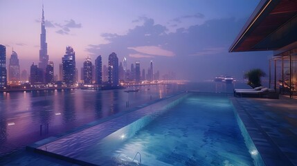 Obraz premium Luxurious Rooftop Pool Overlooking Vibrant City Skyline at Dusk Blending Tranquility and Urban Energy