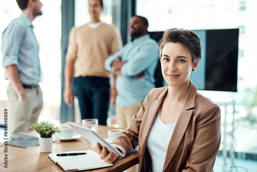 Sticker Portrait, smile and business woman on tablet in office for research, email or information online. Face, finance manager and happy professional entrepreneur working on technology for report in company