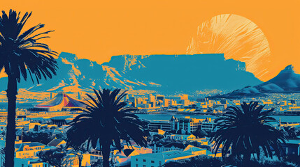 Obraz premium Risograph print travel poster, card, wallpaper or banner illustration, modern, isolated, clear and simple of Cape Town South Africa. Artistic, stylistic, screen printing, stencil digital duplication