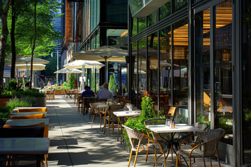 Outdoor city cafe with modern seating, tables, and umbrellas along a bustling sidewalk. Featuring greenery, glass windows, and a vibrant, sunny atmosphere where people enjoy dining and relaxing.