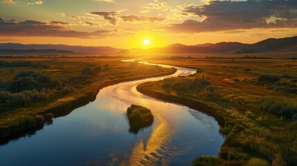 River winding through valley at sunset