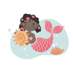 Vector children's magic poster with a mermaid, perfect for nursery decor, kids' room art, birthday party invitations, greeting cards, and educational materials. 