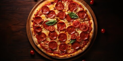 Top view above pizza pepperoni italican classic fastfood scene view