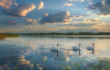 Naklejka premium Three white geese swans swimming on the lake, clouds reflecting in the water, calm lake surface, forest horizon at dusk, soft light, wide angle shot