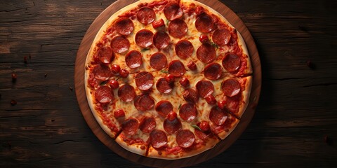 Top view above pizza pepperoni italican classic fastfood scene view