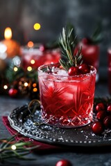 Festive Holiday Cranberry Cocktail with Rosemary Garnish and Christmas Decorations