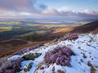 View from the top of Black Clover Mountain in Yorkshire, overlooking a green valley with some snow on heather and other flowers, a blue sky, late afternoon