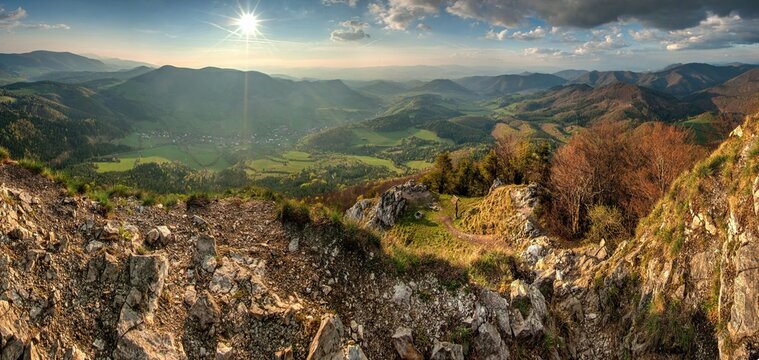 View from the top of The Vapec hill in The Strazov Mountains in northwestern Slovakia at spring, Europe. Strazov Mountains in Slovak republic. Seasonal natural scene.