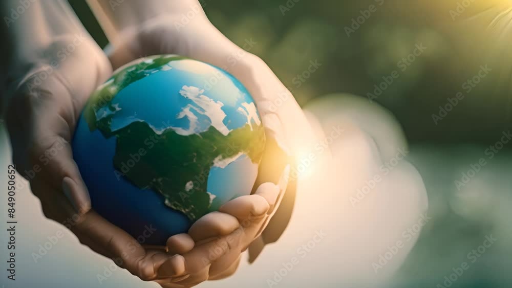 Poster hands holding globe in green setting generative ai