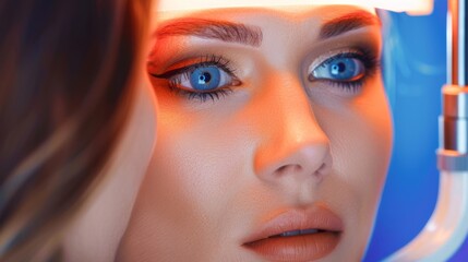 A woman with blue eyes is looking into a lighted device