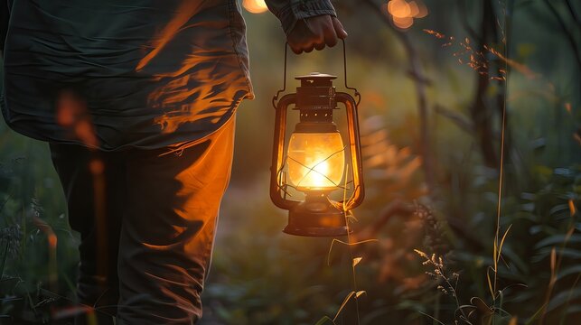 Person holding an old-fashioned lantern in a tranquil forest setting, emphasizing adventure and nature's solitude.