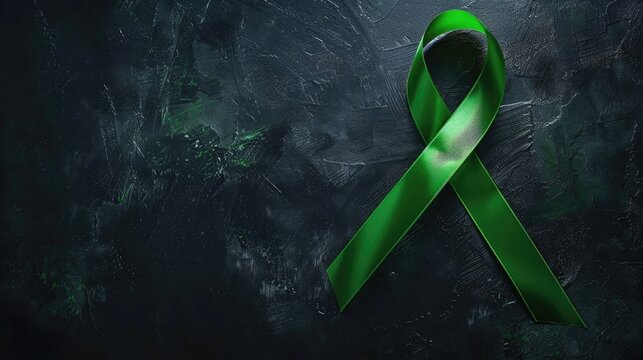 Green ribbon representing Lymphoma and mental health Gallbladder and Bile Duct Cancer awareness against dark backdrop